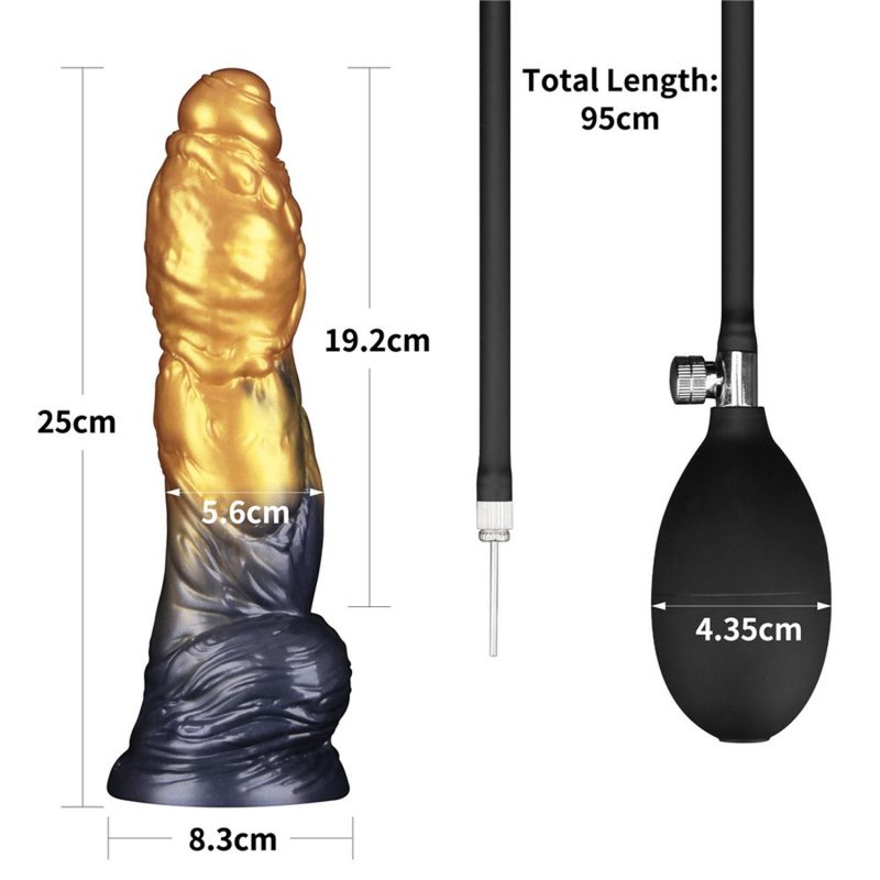 LoveToy - Dual Density Opblaasbare Dildo 10"/ 25 cm - Goud/Zwart - Afbeelding 5