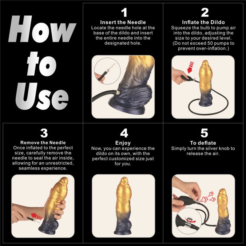 LoveToy - Dual Density Opblaasbare Dildo 10"/ 25 cm - Goud/Zwart - Afbeelding 9