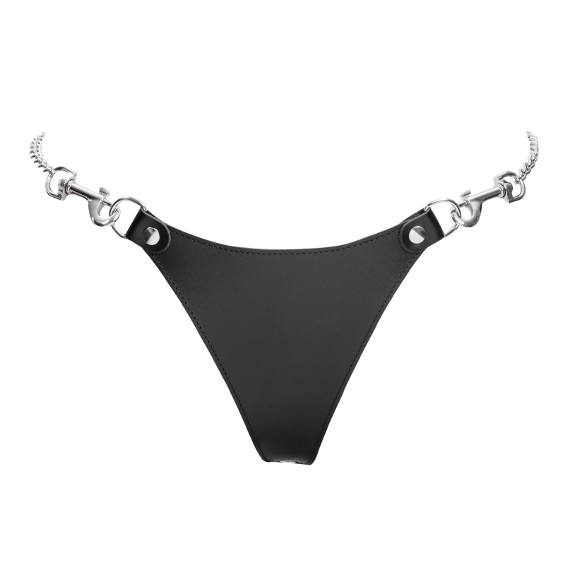 Rimba Bondage Play - Lederen string met afneembare kettingen - Zwart & Zilver - Afbeelding 5