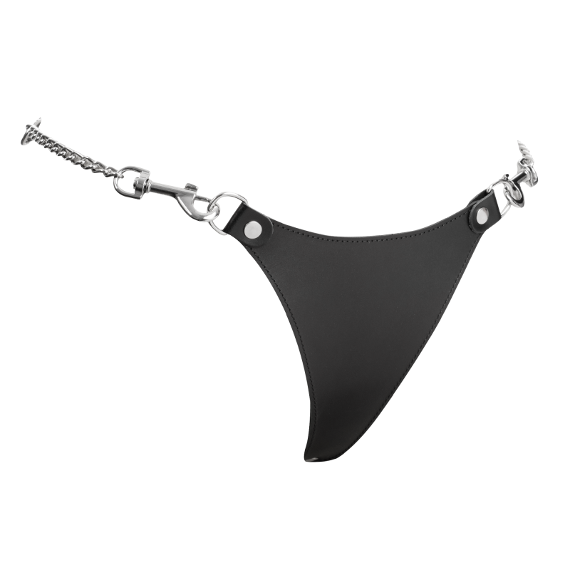 Rimba Bondage Play - Lederen string met afneembare kettingen - Zwart & Zilver - Afbeelding 6
