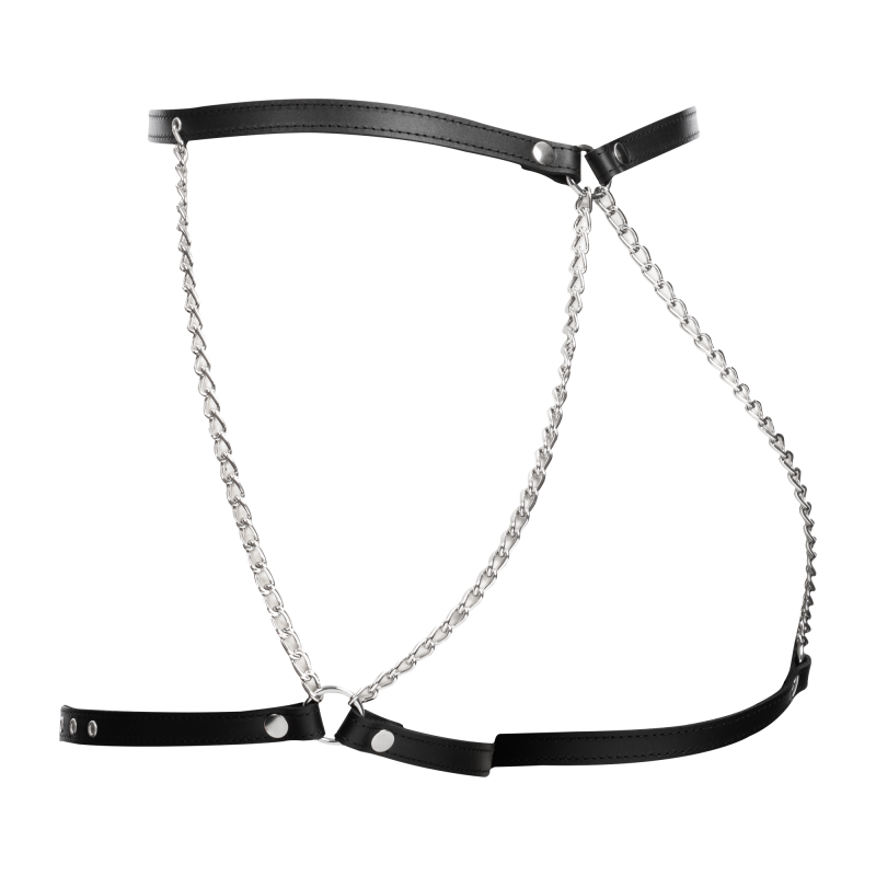 Rimba Bondage Play - Lederen Bondage Harnas met Metalen Kettingen - Zwart & Zilver - Afbeelding 6