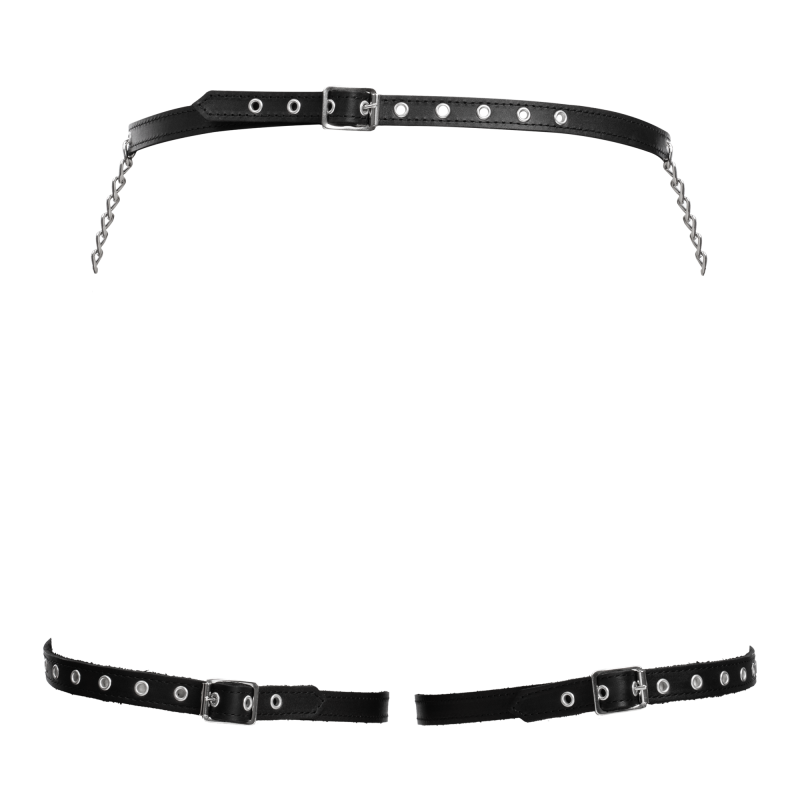 Rimba Bondage Play - Lederen Bondage Harnas met Metalen Kettingen - Zwart & Zilver - Afbeelding 7