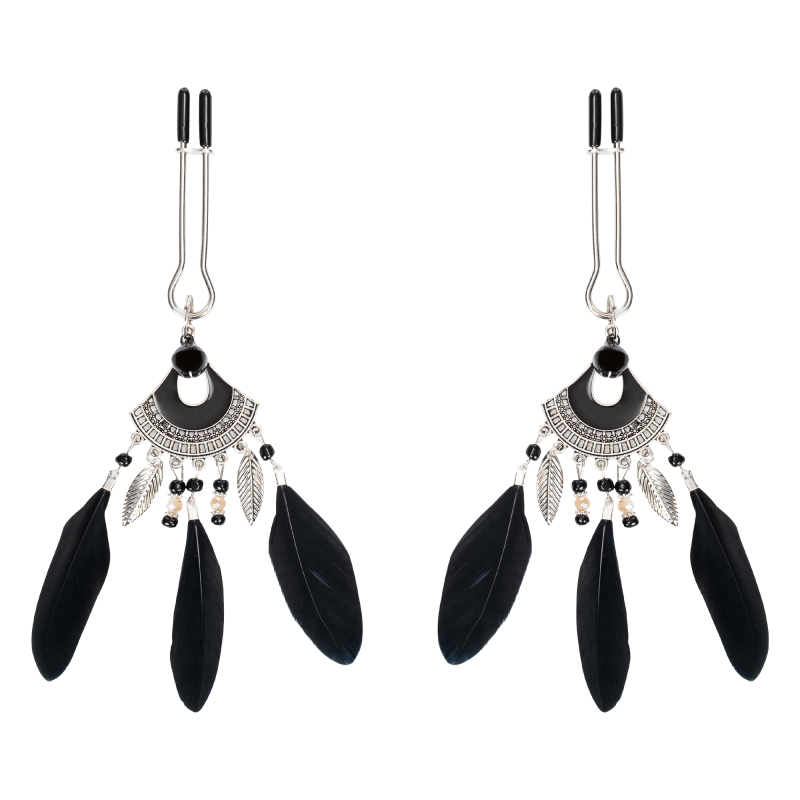 Rimba Bondage Play - Tepelklemmen met veren - Zwart & Zilver