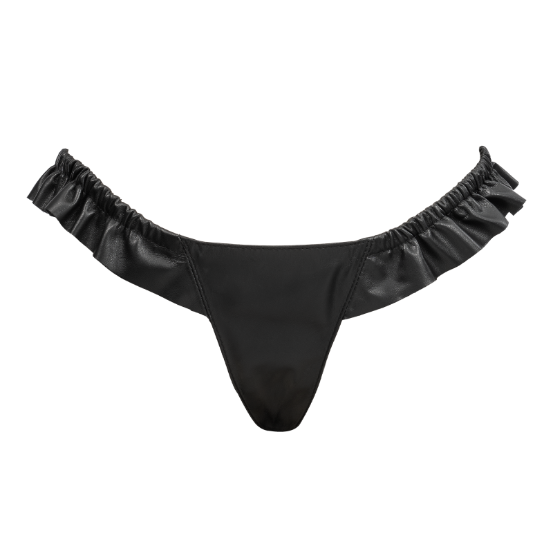 Rimba Bondage Play - Luxe Lederen String met Roesjes - Zwart - Afbeelding 4
