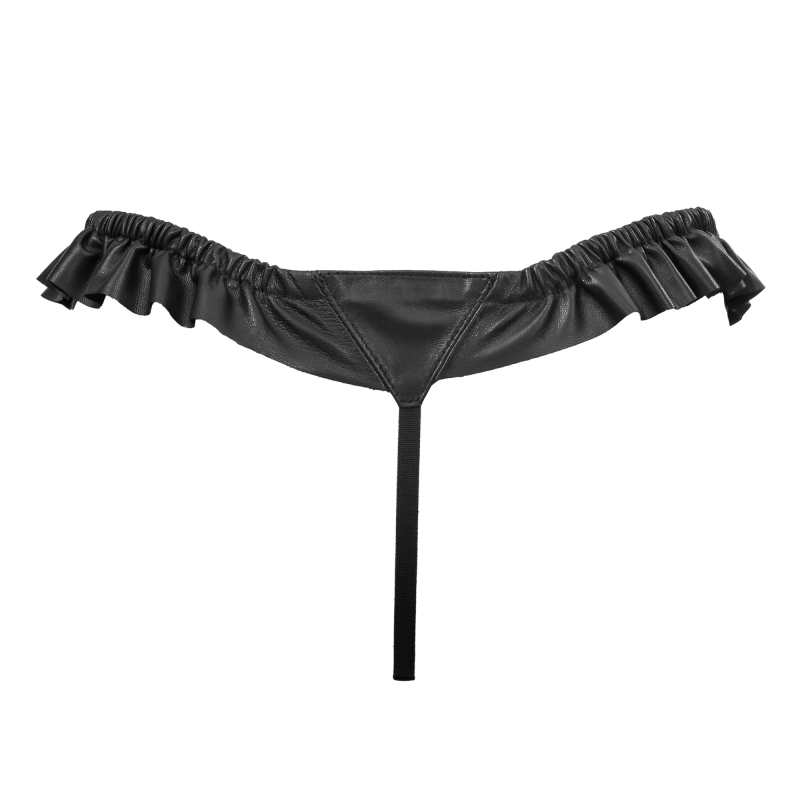 Rimba Bondage Play - Luxe Lederen String met Roesjes - Zwart - Afbeelding 6